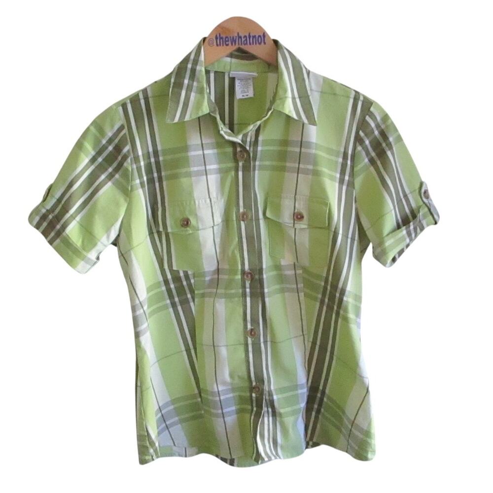 Vintage Jaclyn Smith Button Up Shirt M Green Plaid Short Sleeves Casual Prep 90s - Picture 17 of 17